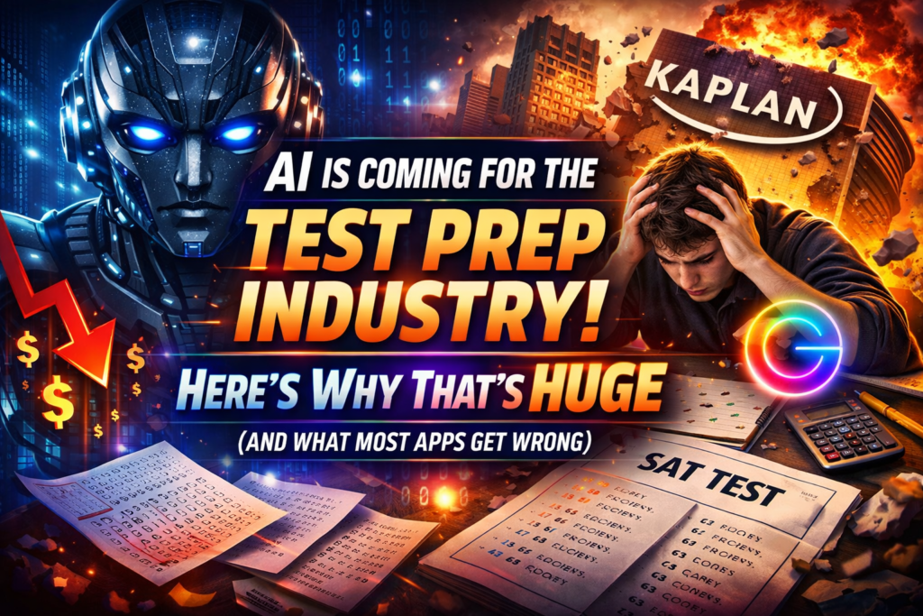 Futuristic AI robot disrupting the test prep industry while a stressed student studies for the SAT, symbolizing AI replacing traditional exam prep