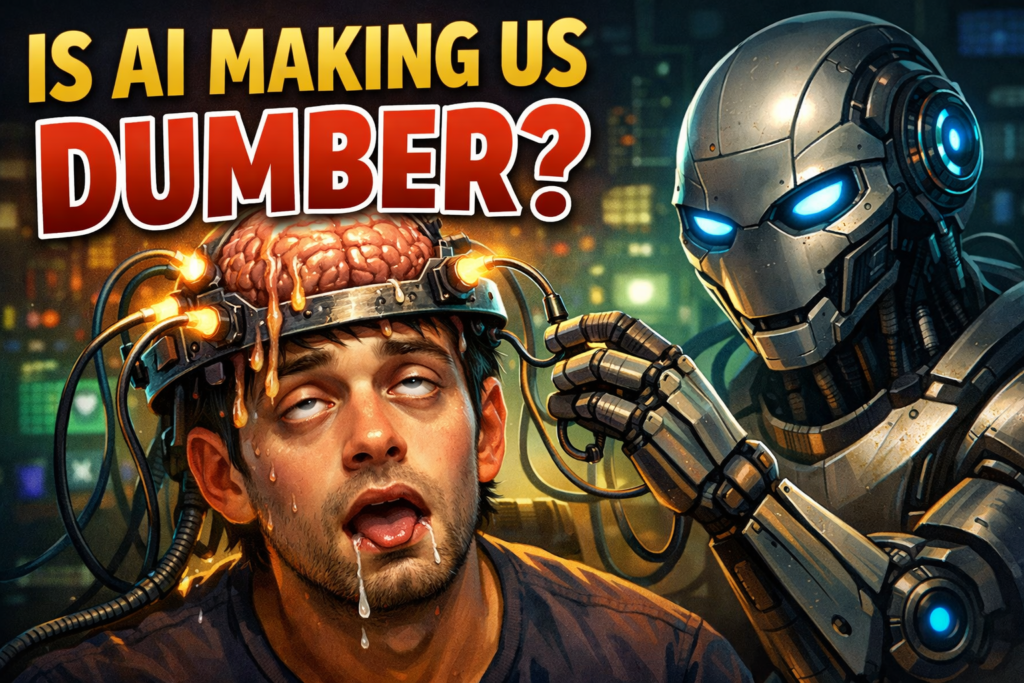 Thumbnail illustration showing a dazed student with an exposed wired brain beside a robot, representing how AI study tools can weaken real learning and exam performance