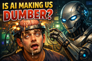Thumbnail illustration showing a dazed student with an exposed wired brain beside a robot, representing how AI study tools can weaken real learning and exam performance