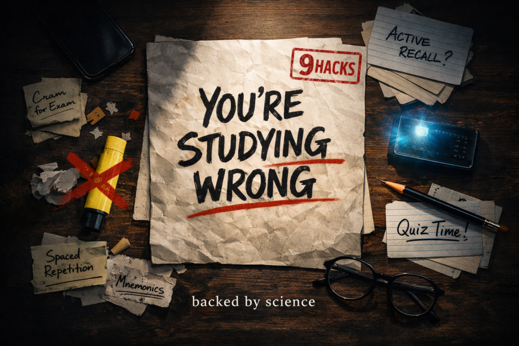 Overhead study desk thumbnail with paper reading “You’re Studying Wrong,” plus study notes, flashcards, and science-backed exam prep visuals.
