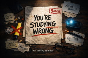 Overhead study desk thumbnail with paper reading “You’re Studying Wrong,” plus study notes, flashcards, and science-backed exam prep visuals.